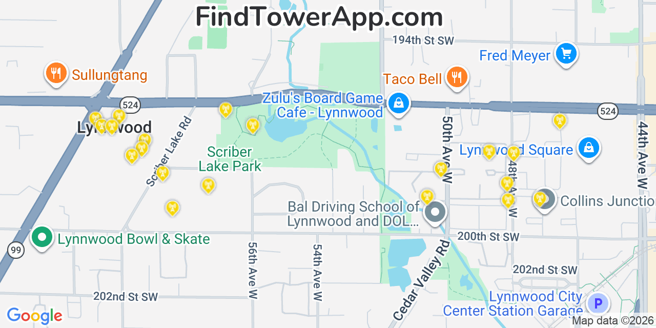 Map showing the 20 primary cell tower locations detected in Lynnwood, Washington from AT&T, Verizon, and T-Mobile networks