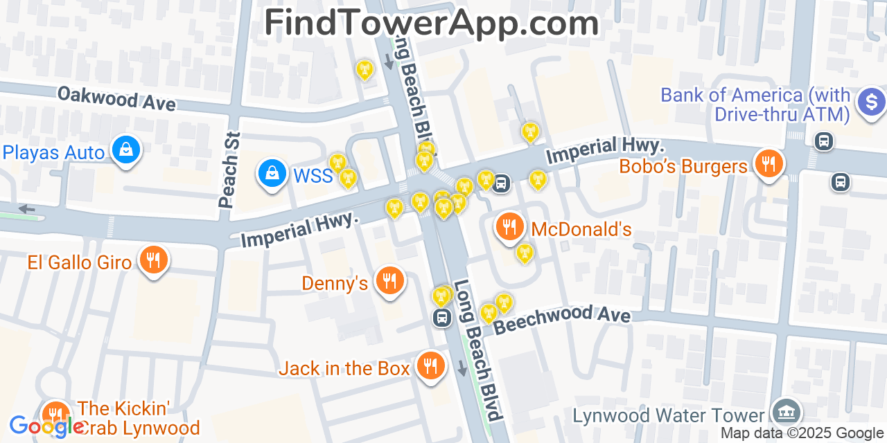 Map showing the 20 primary cell tower locations detected in Lynwood, California from AT&T, Verizon, and T-Mobile networks