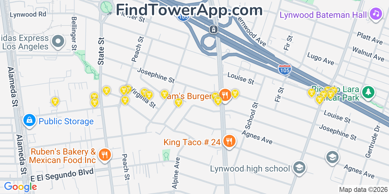 Map showing the 20 primary cell tower locations detected in Lynwood, California from AT&T, Verizon, and T-Mobile networks