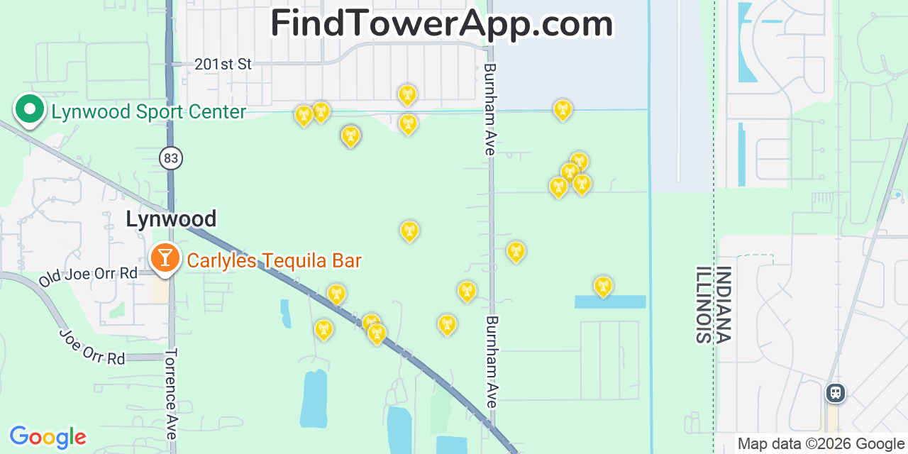 Map showing the 20 primary cell tower locations detected in Lynwood, Illinois from AT&T, Verizon, and T-Mobile networks