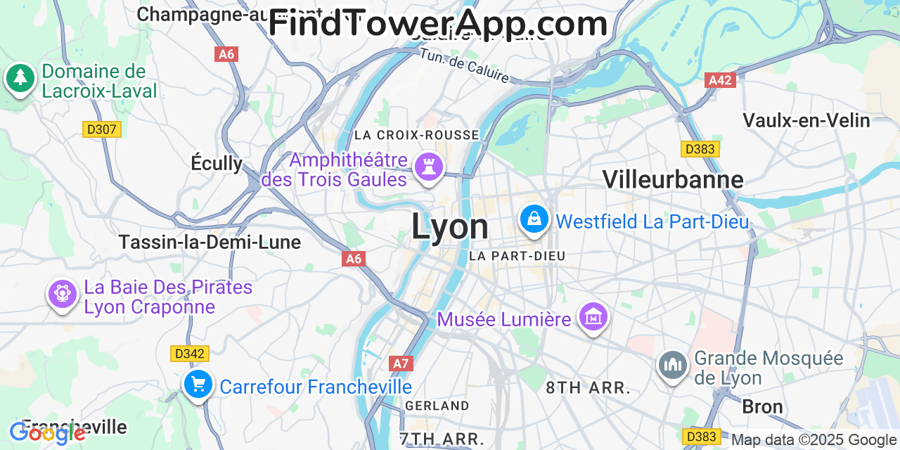 Map showing the 0 primary Iliad cell tower locations detected in Lyon, France with coverage radius and signal strength indicators