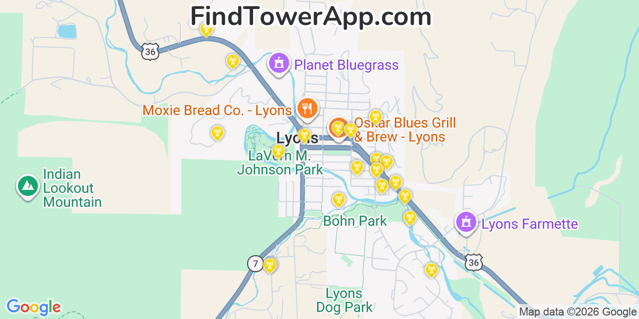Map showing the 20 primary cell tower locations detected in Lyons, Colorado from AT&T, Verizon, and T-Mobile networks
