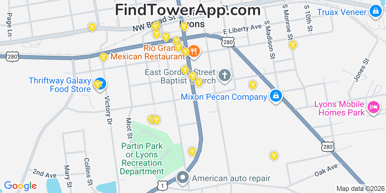 Map showing the 20 primary cell tower locations detected in Lyons, Georgia from AT&T, Verizon, and T-Mobile networks