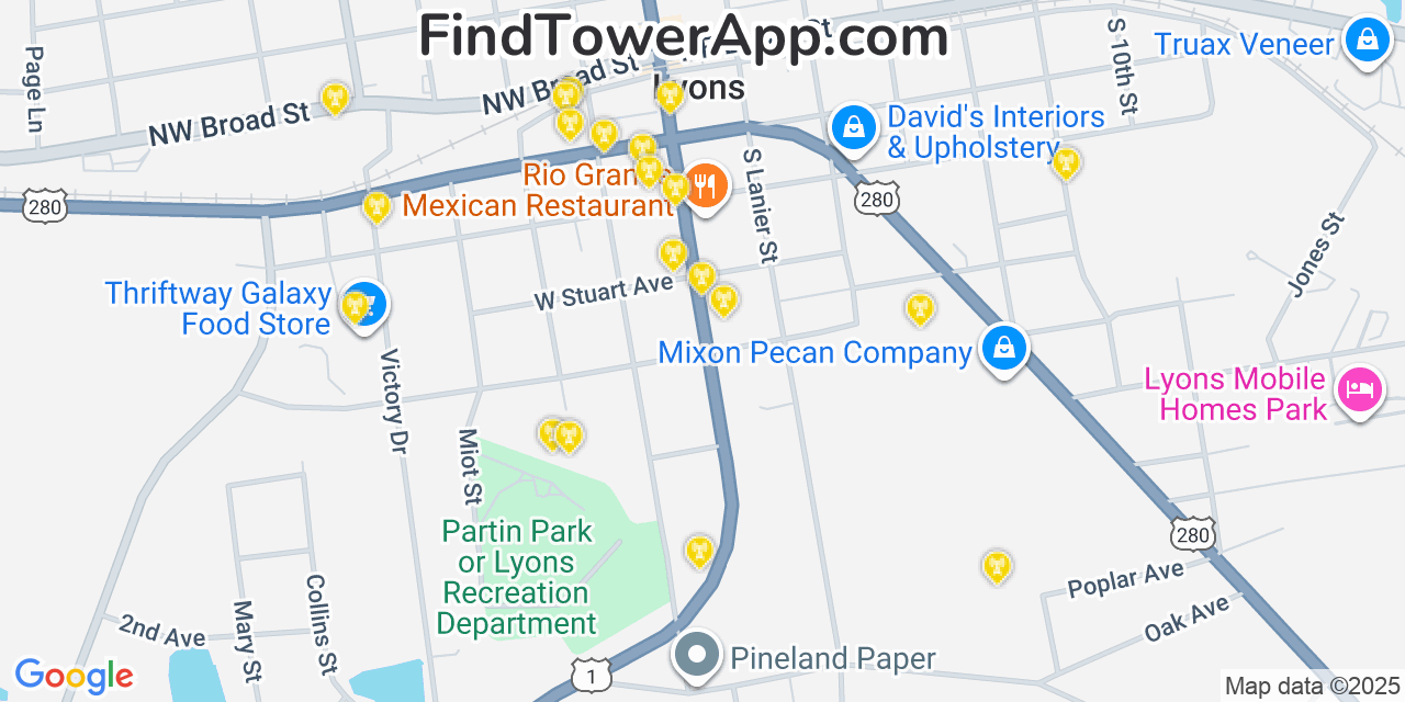 Map showing the 20 primary Mobitel cell tower locations detected in Lyons, Georgia with coverage radius and signal strength indicators