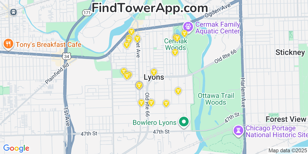 Map showing the 20 primary cell tower locations detected in Lyons, Illinois from AT&T, Verizon, and T-Mobile networks