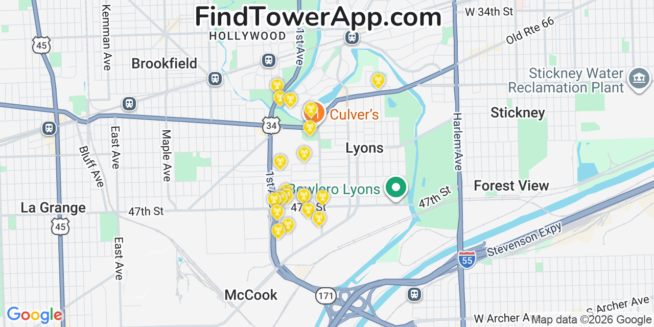 Map showing the 20 primary cell tower locations detected in Lyons, Illinois from AT&T, Verizon, and T-Mobile networks