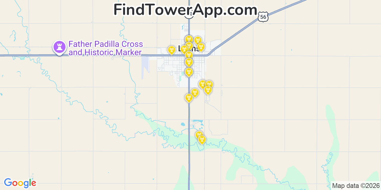 Map showing the 20 primary cell tower locations detected in Lyons, Kansas from AT&T, Verizon, and T-Mobile networks