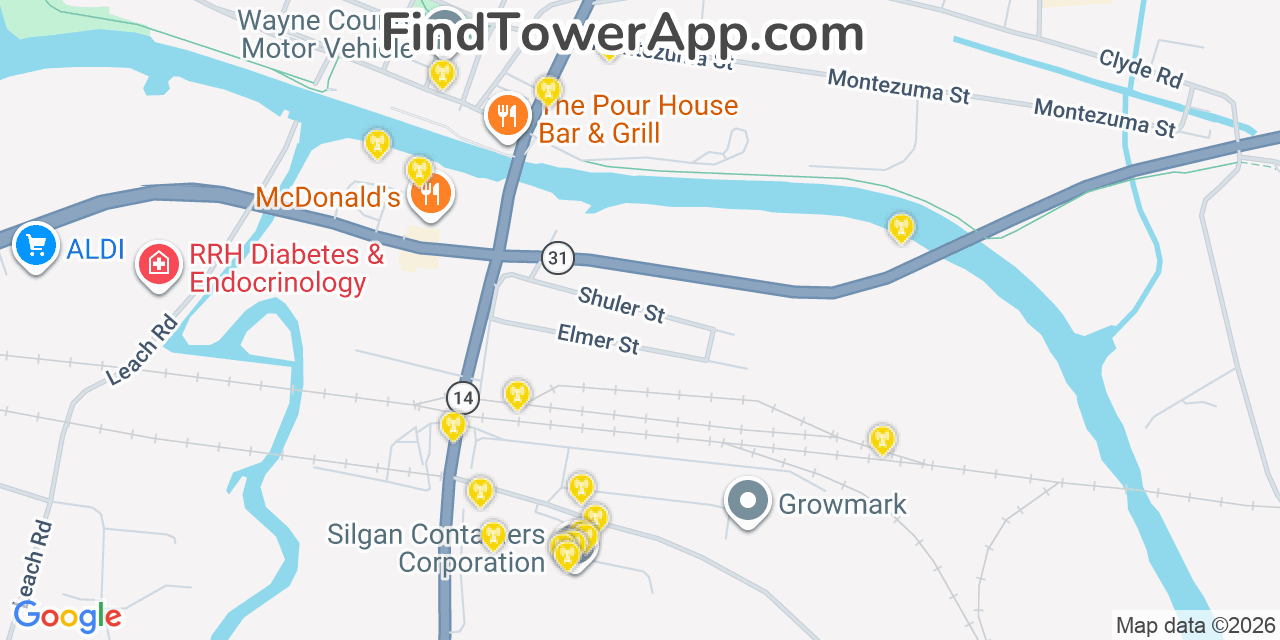 Map showing the 20 primary cell tower locations detected in Lyons, New York from AT&T, Verizon, and T-Mobile networks