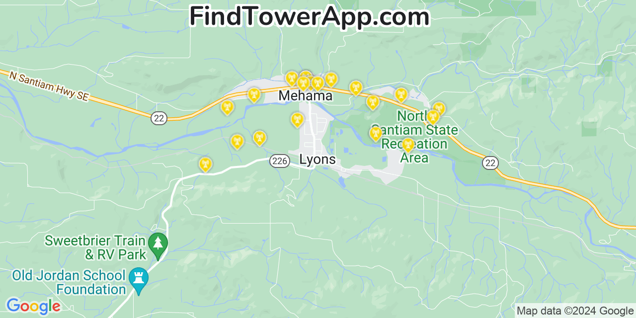 AT&T 4G/5G cell tower coverage map Lyons, Oregon