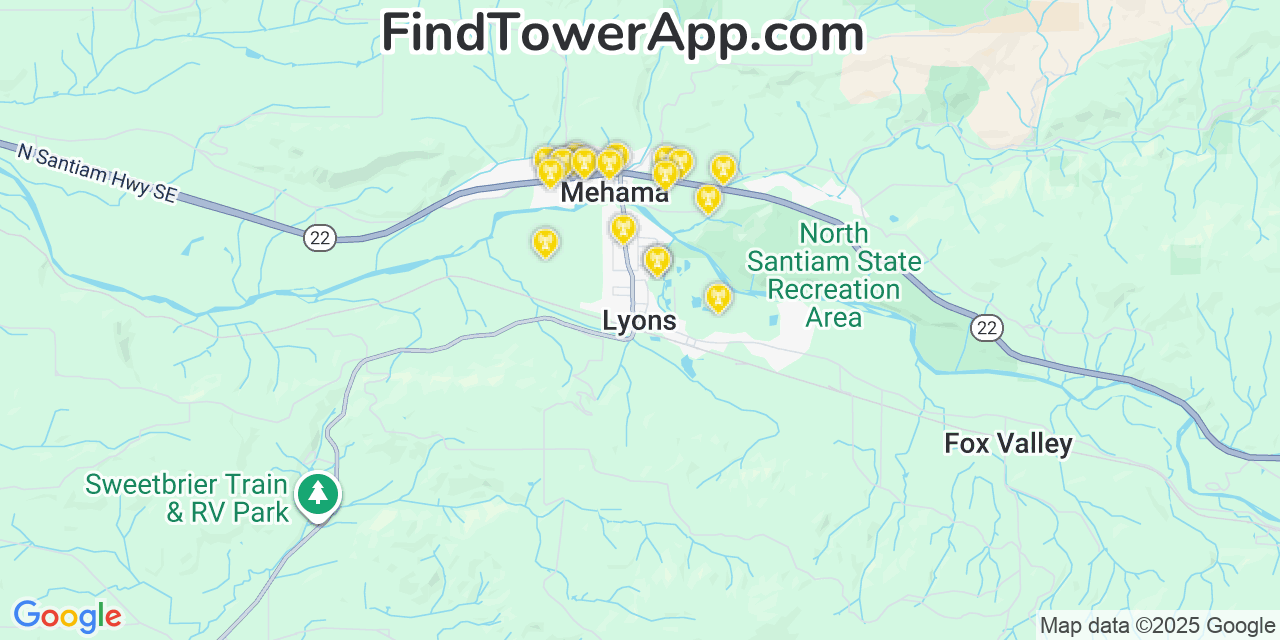 Map showing the 20 primary cell tower locations detected in Lyons, Oregon from AT&T, Verizon, and T-Mobile networks