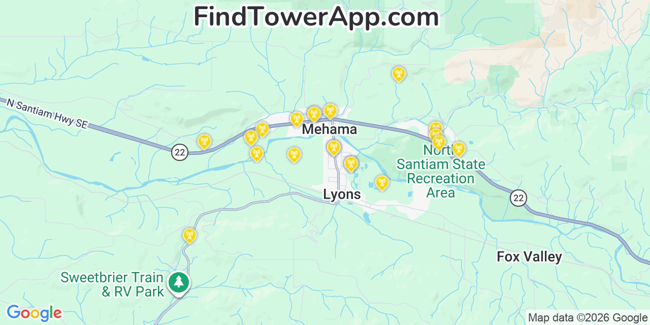 Map showing the 20 primary cell tower locations detected in Lyons, Oregon from AT&T, Verizon, and T-Mobile networks
