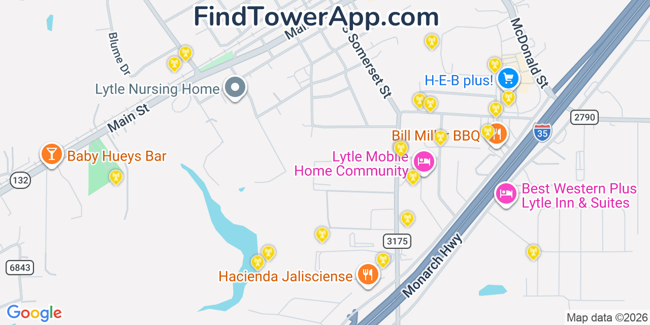 Map showing the 20 primary cell tower locations detected in Lytle, Texas from AT&T, Verizon, and T-Mobile networks
