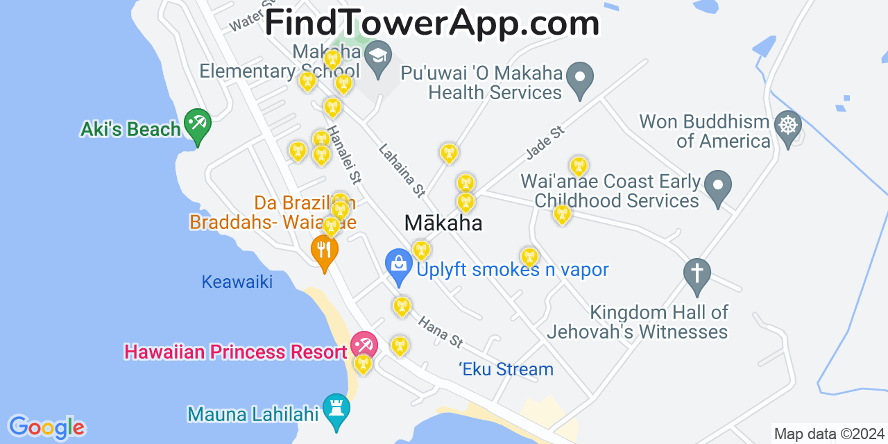 AT&T 4G/5G cell tower coverage map Mākaha, Hawaii