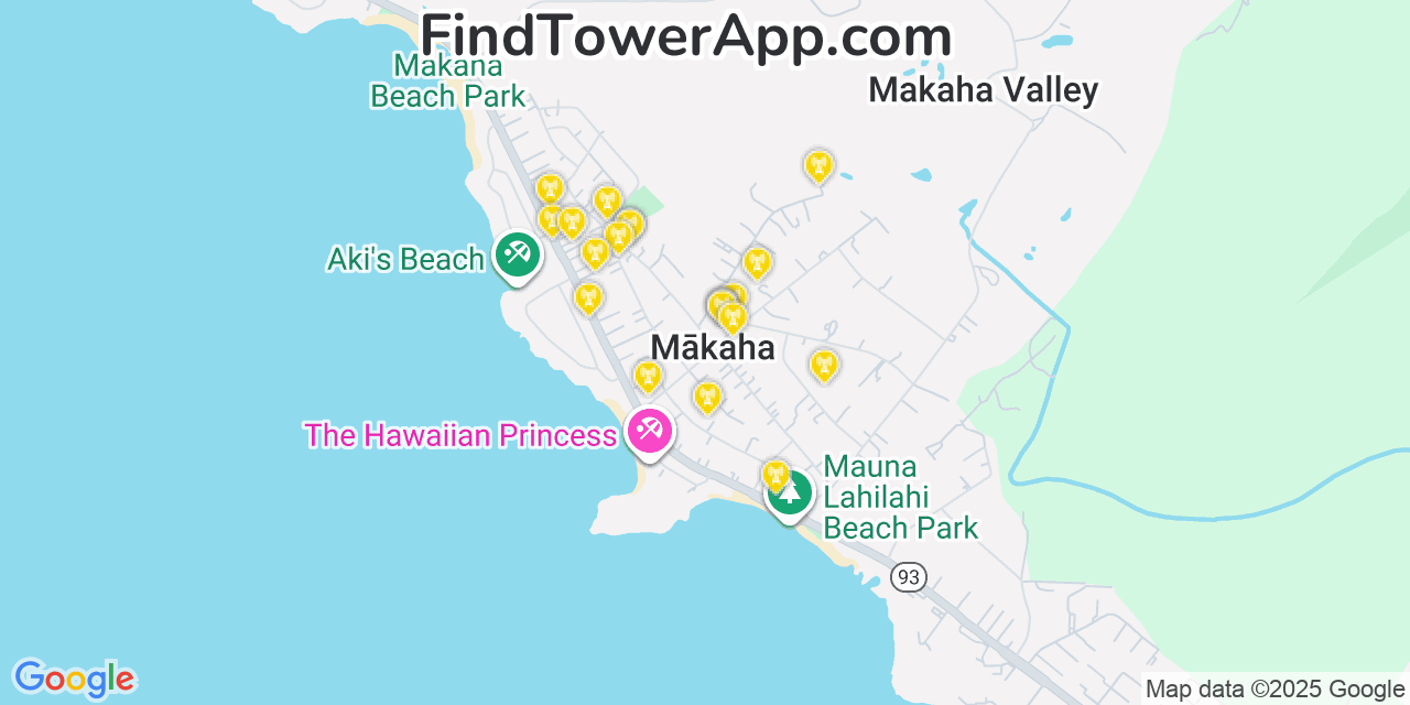 Map showing the 20 primary cell tower locations detected in Mākaha, Hawaii from AT&T, Verizon, and T-Mobile networks