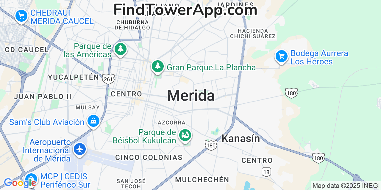 Map showing the 0 primary Telcel cell tower locations detected in Mérida, Mexico with coverage radius and signal strength indicators