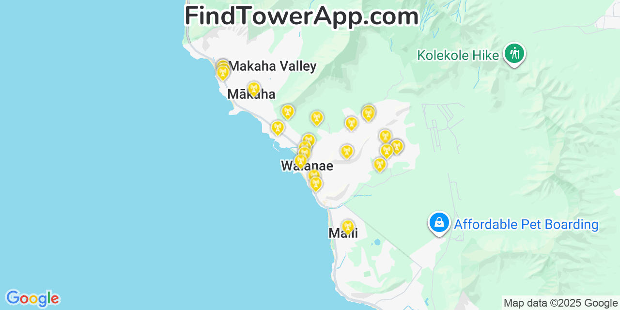 Map showing the 20 primary AT&T cell tower locations detected in Mä Kaha, Hawaii with coverage radius and signal strength indicators