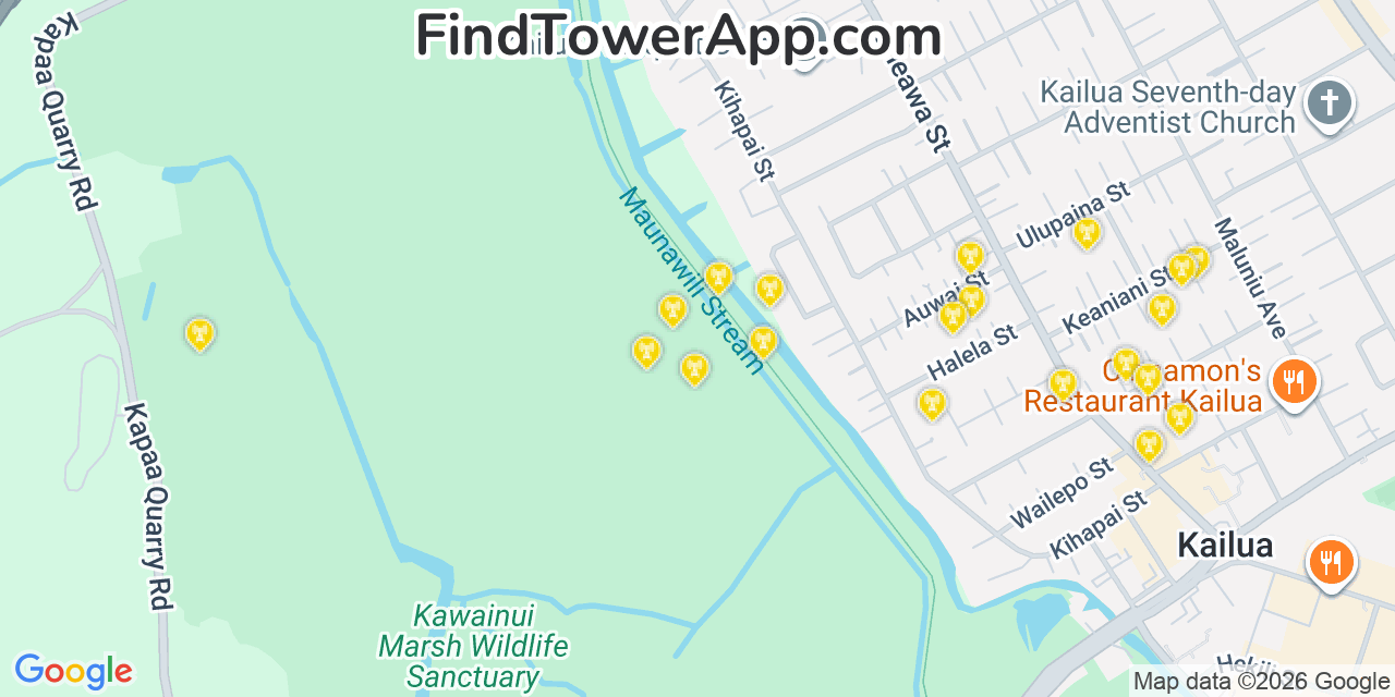 Map showing the 20 primary cell tower locations detected in Mä Kaha, Hawaii from AT&T, Verizon, and T-Mobile networks