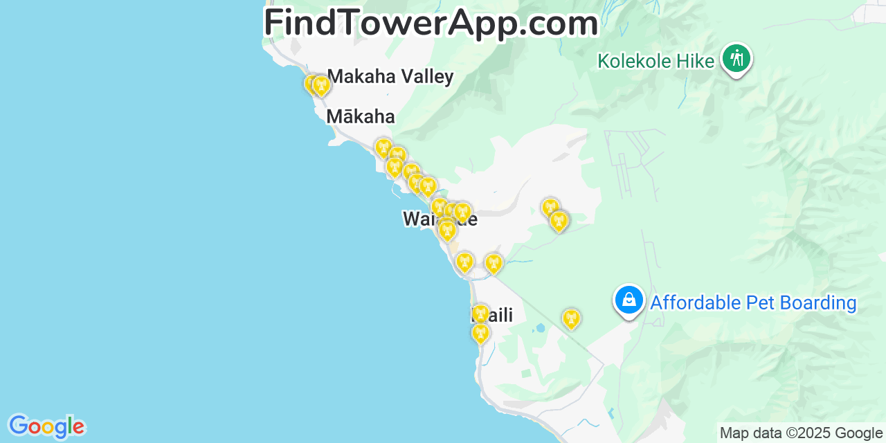 Map showing the 22 primary Verizon cell tower locations detected in MäKaha, Hawaii with coverage radius and signal strength indicators