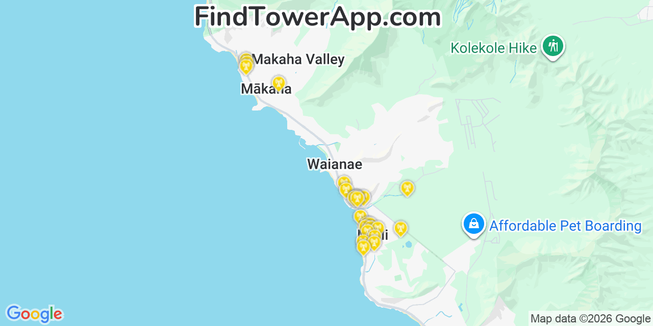 Map showing the 24 primary AT&T cell tower locations detected in MäKaha, Hawaii with coverage radius and signal strength indicators