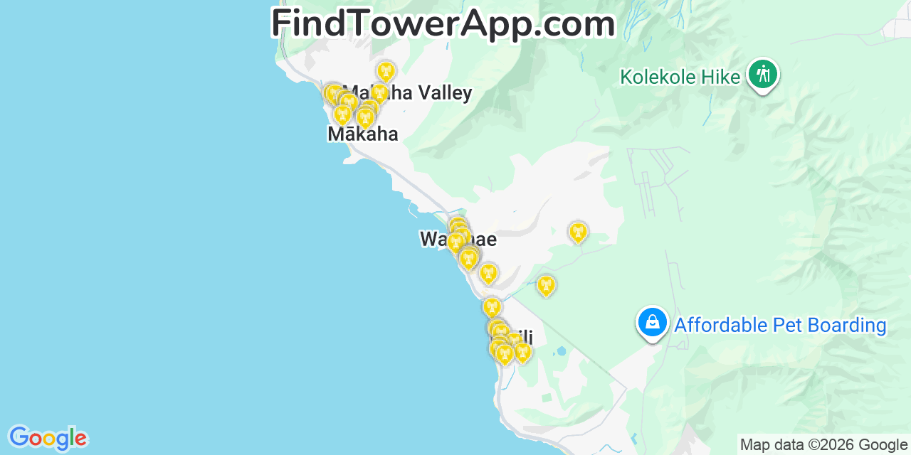 Map showing the 31 primary T-Mobile cell tower locations detected in MäKaha, Hawaii with coverage radius and signal strength indicators