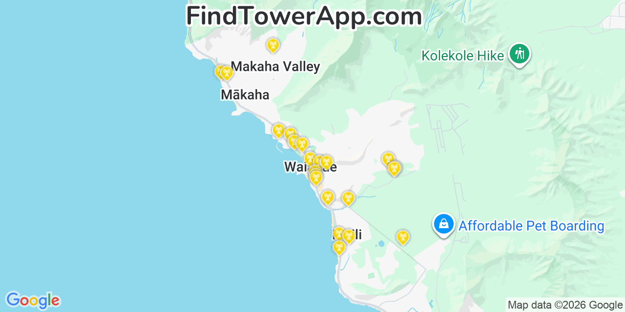 Map showing the 22 primary Verizon cell tower locations detected in MäKaha, Hawaii with coverage radius and signal strength indicators