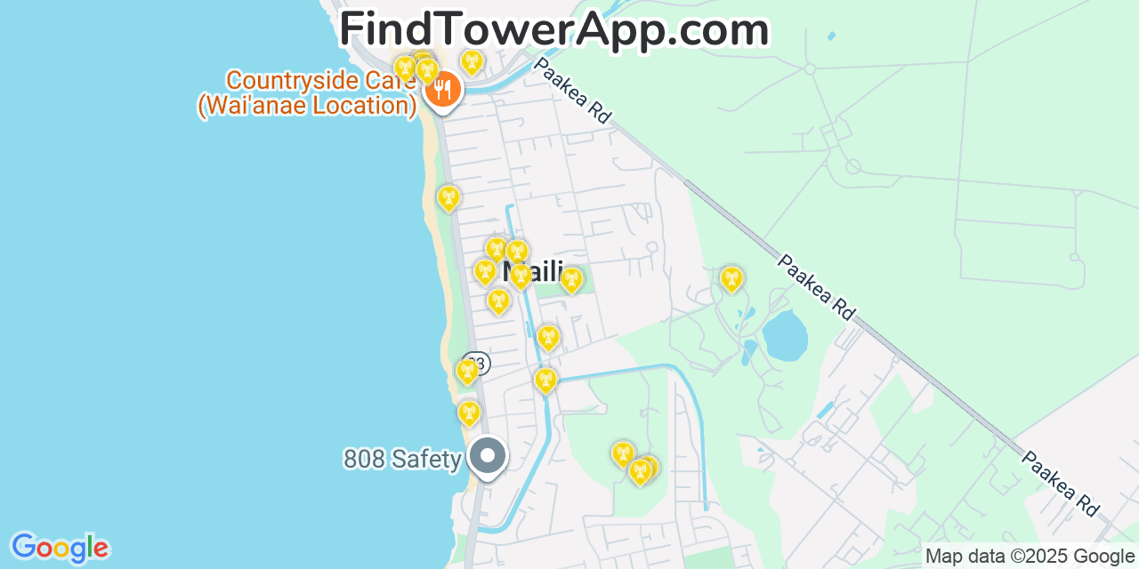 Map showing the 20 primary AT&T cell tower locations detected in Mā‘ili, Hawaii with coverage radius and signal strength indicators
