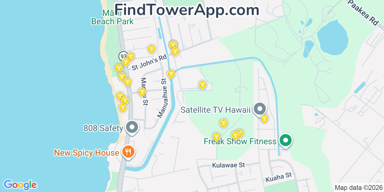 Map showing the 20 primary cell tower locations detected in Mā‘ili, Hawaii from AT&T, Verizon, and T-Mobile networks