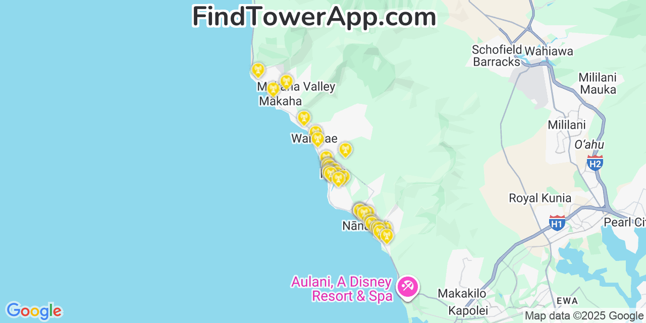 Map showing the 32 primary T-Mobile cell tower locations detected in Mā‘ili, Hawaii with coverage radius and signal strength indicators