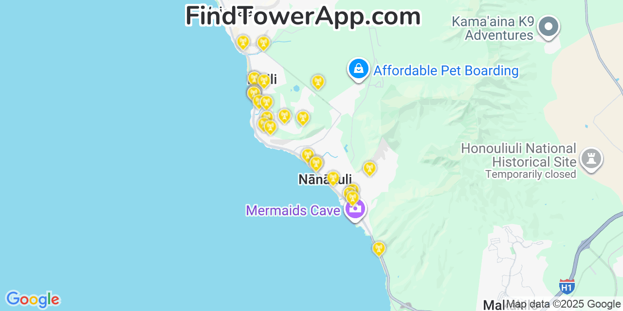 Map showing the 26 primary Verizon cell tower locations detected in Mā‘ili, Hawaii with coverage radius and signal strength indicators