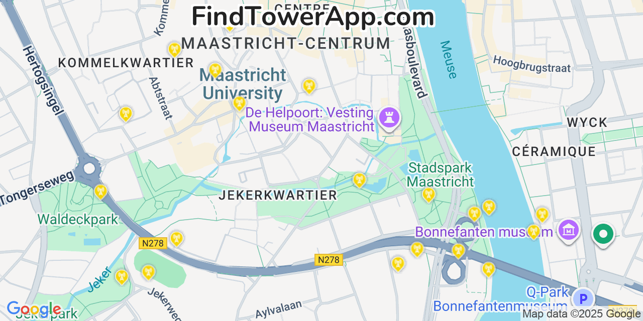 Map showing the 20 primary cell tower locations detected in Maastricht, Netherlands with coverage areas and signal strength