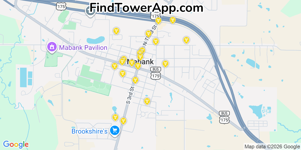 Map showing the 20 primary cell tower locations detected in Mabank, Texas from AT&T, Verizon, and T-Mobile networks