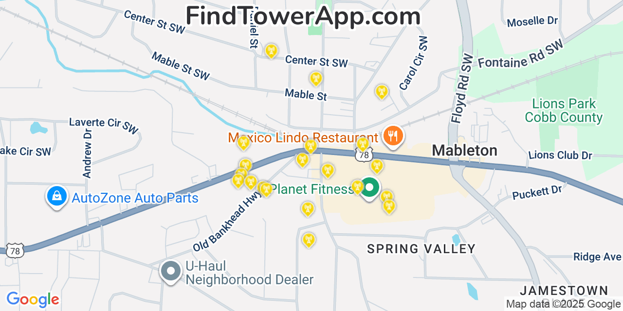Map showing the 20 primary cell tower locations detected in Mableton, Georgia from AT&T, Verizon, and T-Mobile networks