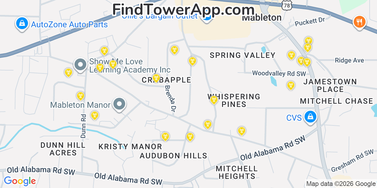 Map showing the 20 primary cell tower locations detected in Mableton, Georgia from AT&T, Verizon, and T-Mobile networks