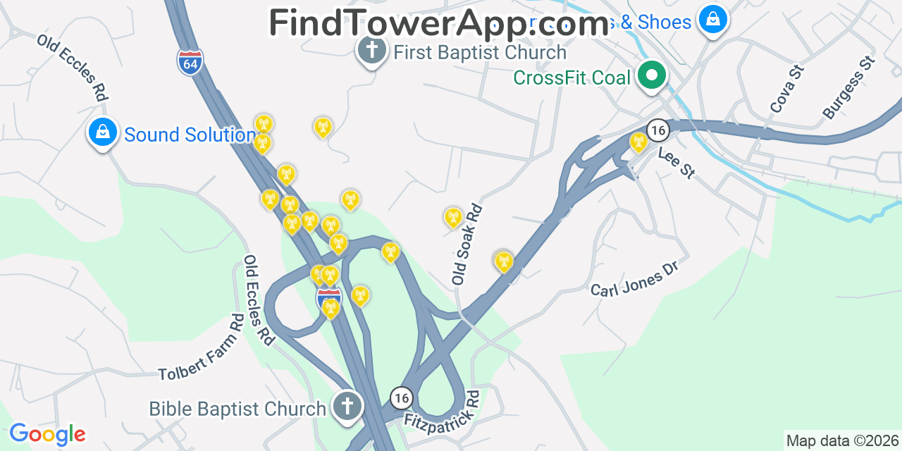 Map showing the 20 primary cell tower locations detected in Mabscott, West Virginia from AT&T, Verizon, and T-Mobile networks