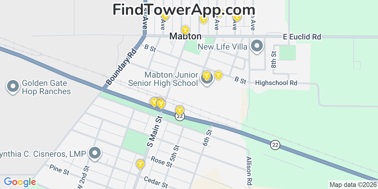 Map showing the 20 primary cell tower locations detected in Mabton, Washington from AT&T, Verizon, and T-Mobile networks