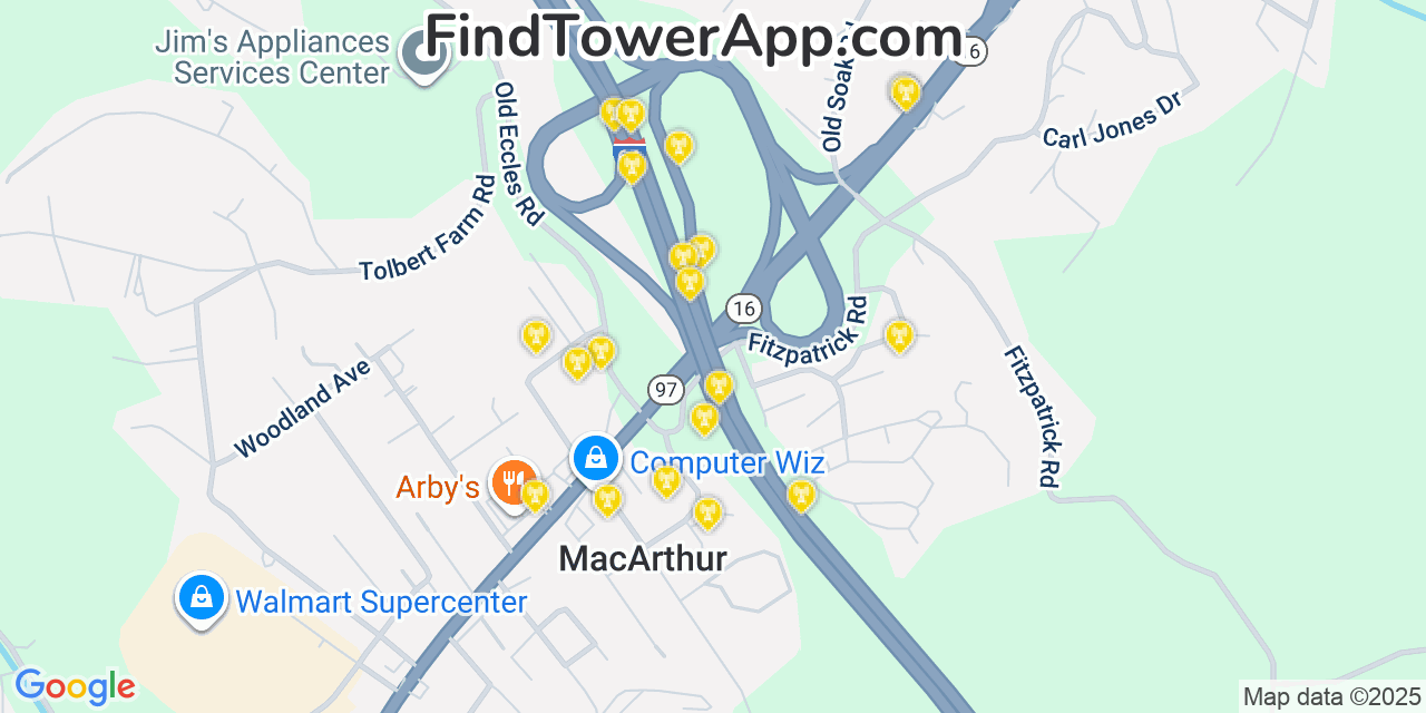 Map showing the 20 primary cell tower locations detected in MacArthur, West Virginia from AT&T, Verizon, and T-Mobile networks