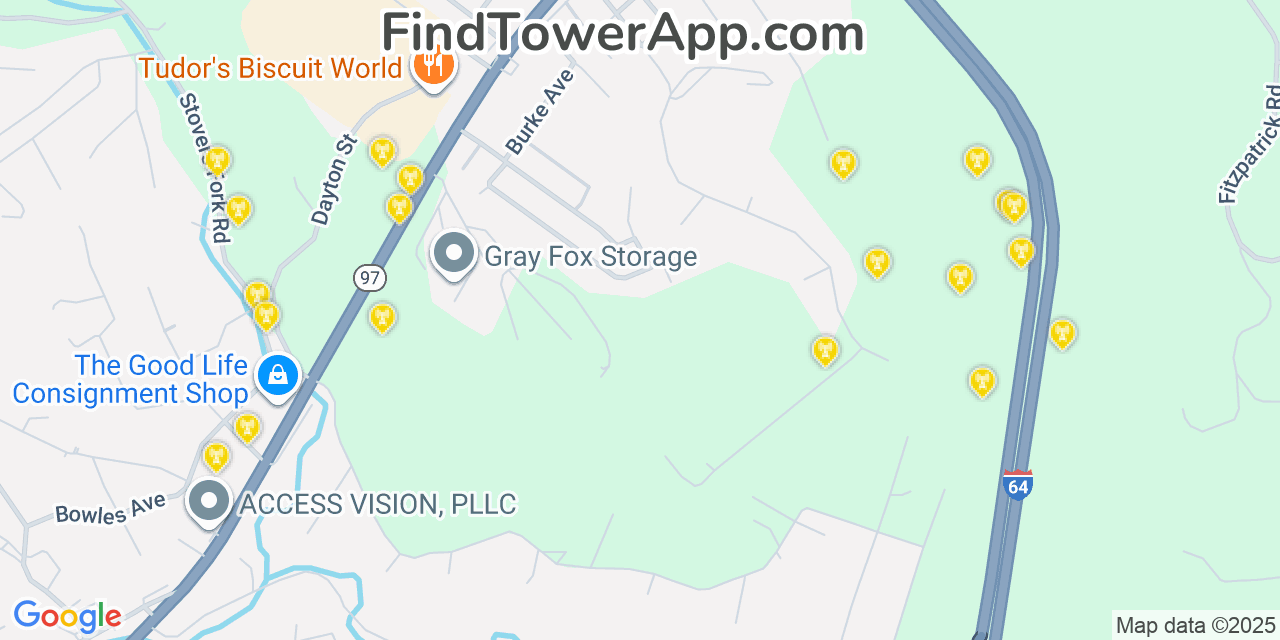 Map showing the 20 primary AT&T cell tower locations detected in Macarthur, West Virginia with coverage radius and signal strength indicators