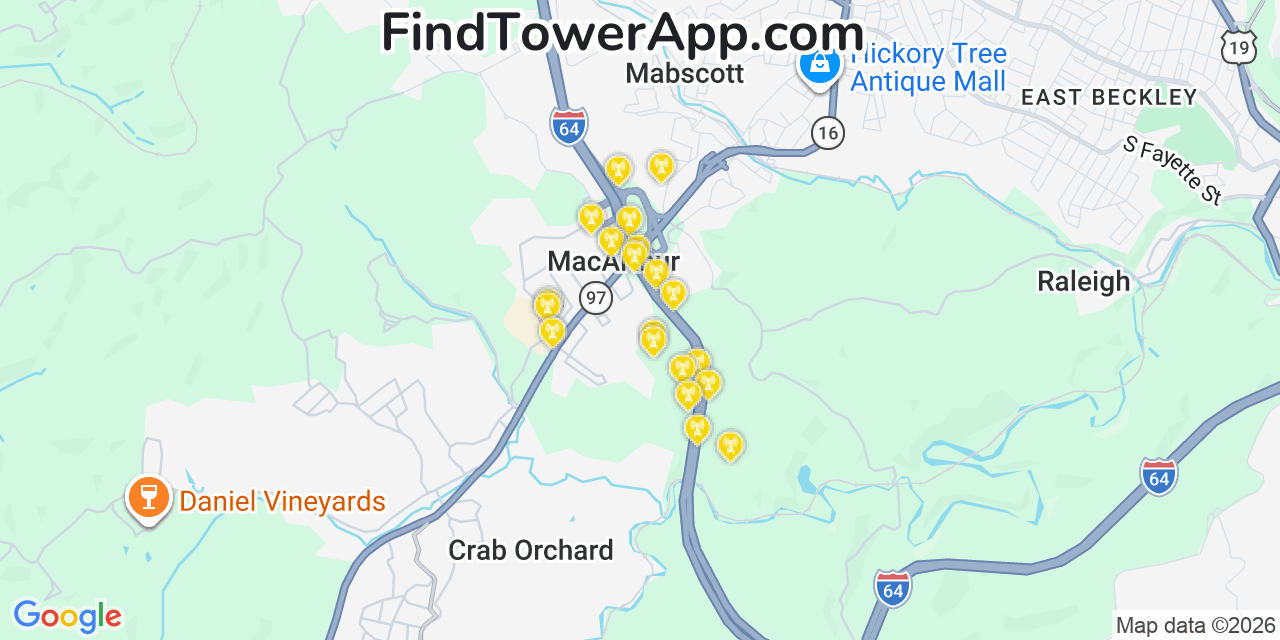 Map showing the 20 primary cell tower locations detected in Macarthur, West Virginia from AT&T, Verizon, and T-Mobile networks