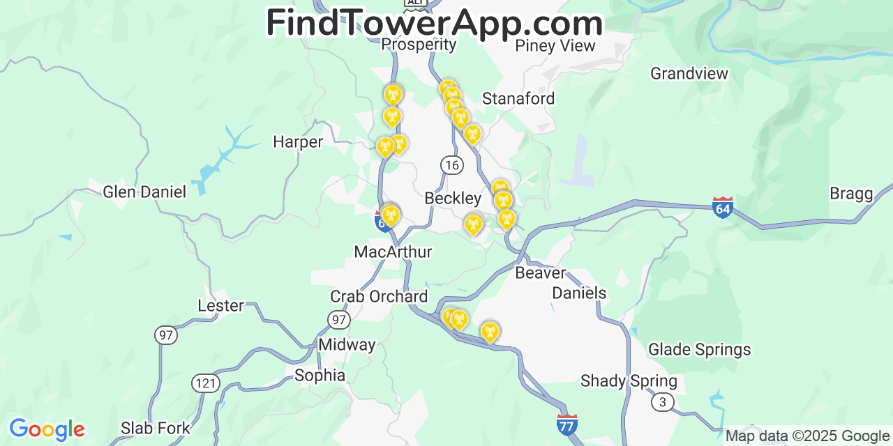 Map showing the 22 primary T-Mobile cell tower locations detected in Macarthur, West Virginia with coverage radius and signal strength indicators