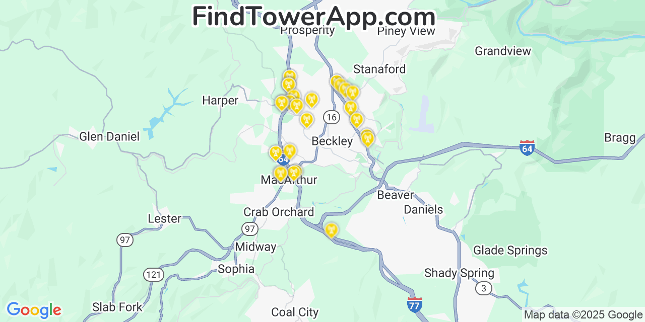 Map showing the 23 primary Verizon cell tower locations detected in Macarthur, West Virginia with coverage radius and signal strength indicators