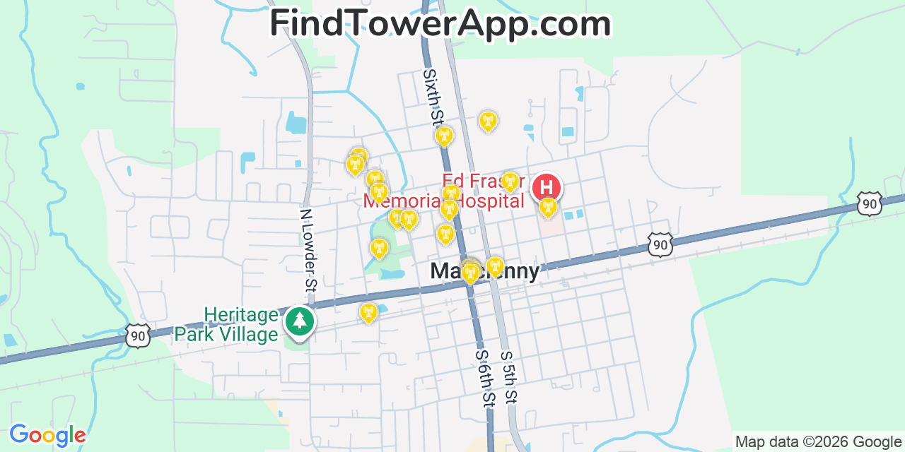 Map showing the 20 primary cell tower locations detected in Macclenny, Florida from AT&T, Verizon, and T-Mobile networks