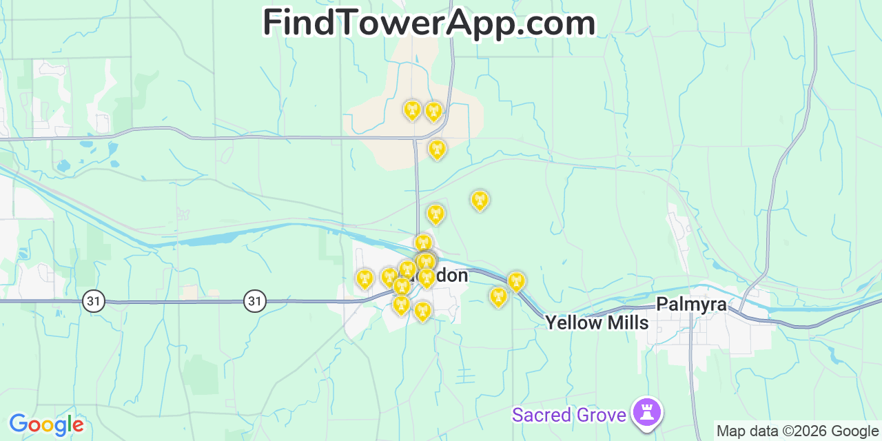 Map showing the 20 primary cell tower locations detected in Macedon, New York from AT&T, Verizon, and T-Mobile networks