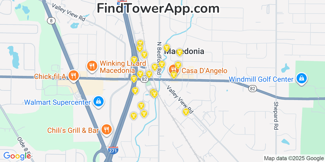 Map showing the 20 primary cell tower locations detected in Macedonia, Ohio from AT&T, Verizon, and T-Mobile networks