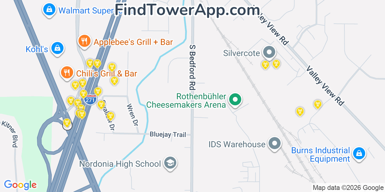 Map showing the 20 primary cell tower locations detected in Macedonia, Ohio from AT&T, Verizon, and T-Mobile networks