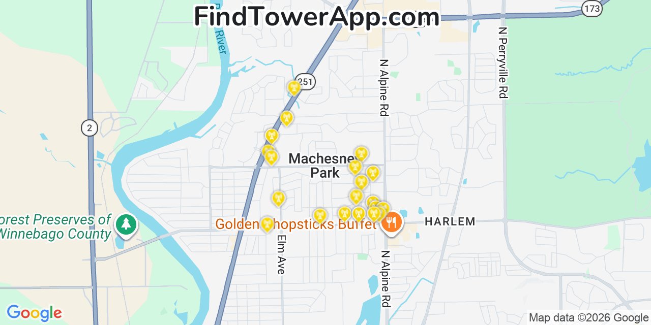 Map showing the 20 primary cell tower locations detected in Machesney Park, Illinois from AT&T, Verizon, and T-Mobile networks