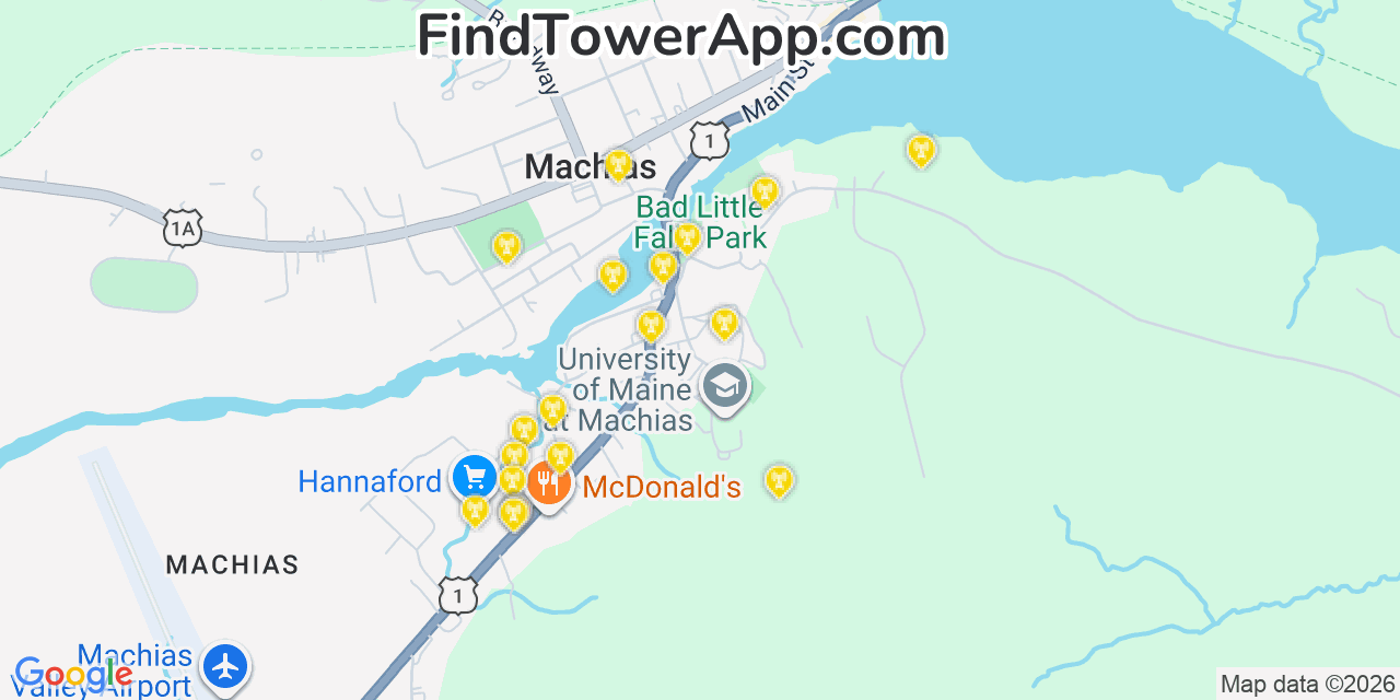 Map showing the 20 primary cell tower locations detected in Machias, Maine from AT&T, Verizon, and T-Mobile networks