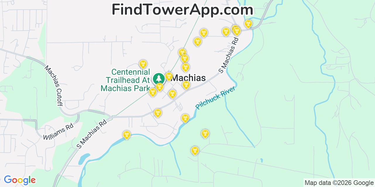 Map showing the 20 primary cell tower locations detected in Machias, Washington from AT&T, Verizon, and T-Mobile networks