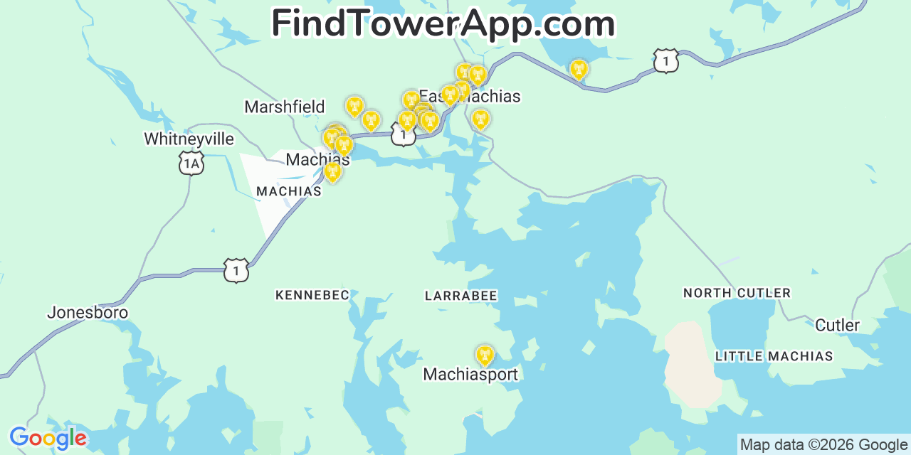 Map showing the 20 primary cell tower locations detected in Machiasport, Maine from AT&T, Verizon, and T-Mobile networks