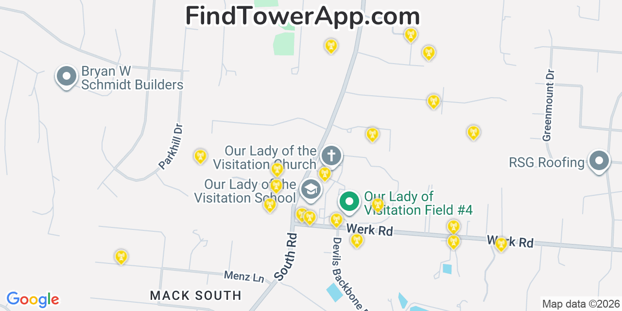 Map showing the 20 primary cell tower locations detected in Mack, Ohio from AT&T, Verizon, and T-Mobile networks