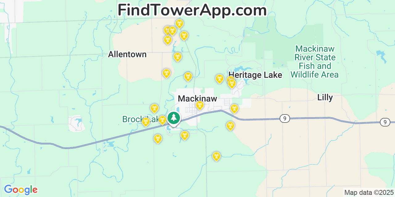 Map showing the 20 primary cell tower locations detected in Mackinaw, Illinois from AT&T, Verizon, and T-Mobile networks